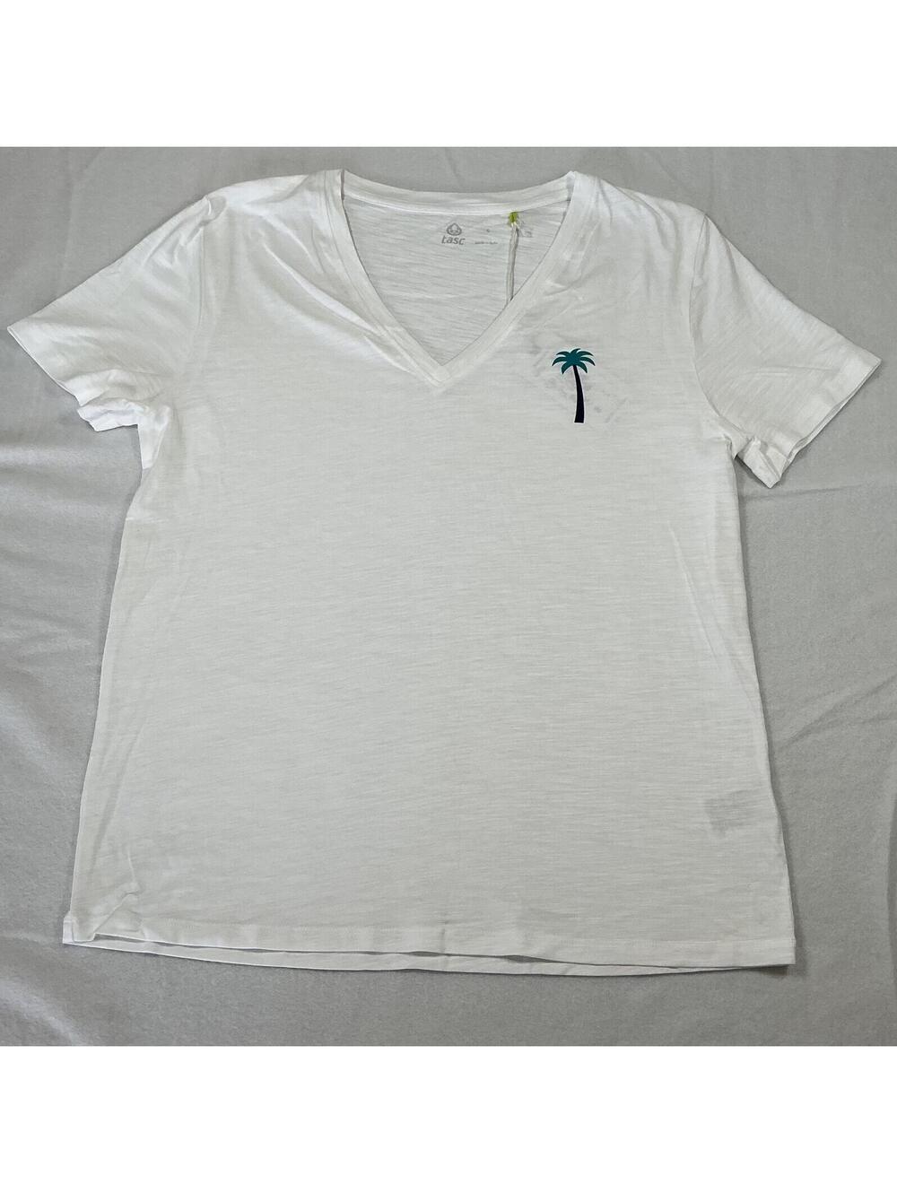 tasc Performance Women's White V-Neck Palm Tree Logo T-Shirt Size S